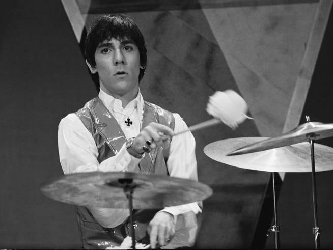 English drummer Keith Moon (1946-1978) of rock group The Who in action during a performance on the set of the BBC Television music television show 'A Whole Scene Going' at BBC Television Center in London on 5th January 1966. The group would perform two tracks on this first edition of the show, 'Out in the Street' and 'It's Not True'. (Photo by Ivan Keeman/Redferns)