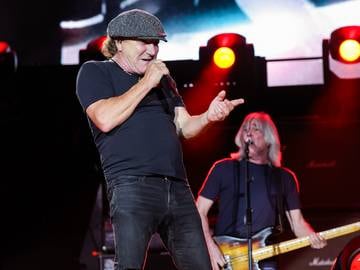Brian Johnson and Cliff Williams of AC/DC during a concert in Indio, California, in 2023.