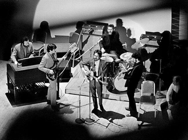 Bob Dylan, playing with The Band (formerly of The Hawks), in 1968.